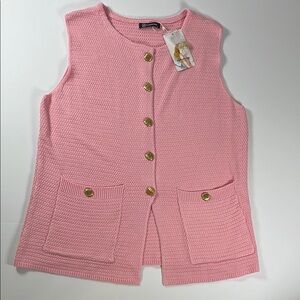 Pretty Garden Pink Sleeveless Knit Cardigan with Gold Buttons and Pockets Sz L